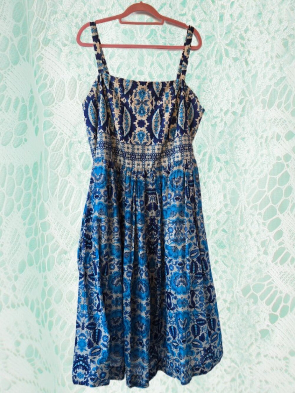 Taylor Woman Blue and Light Grey Cotton Dress Fit & Flare Casual Evening Resort